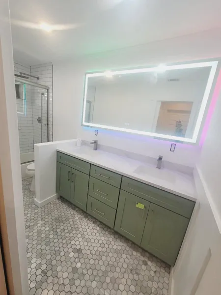 AJM Construction Services: green double vanity from an Inland Empire bathroom remodel